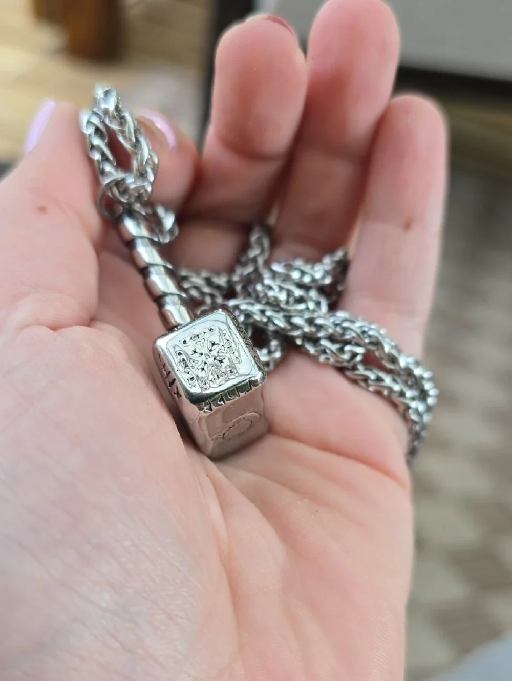 Stainless Steel Thor Hammer Pendant Necklace - Silver